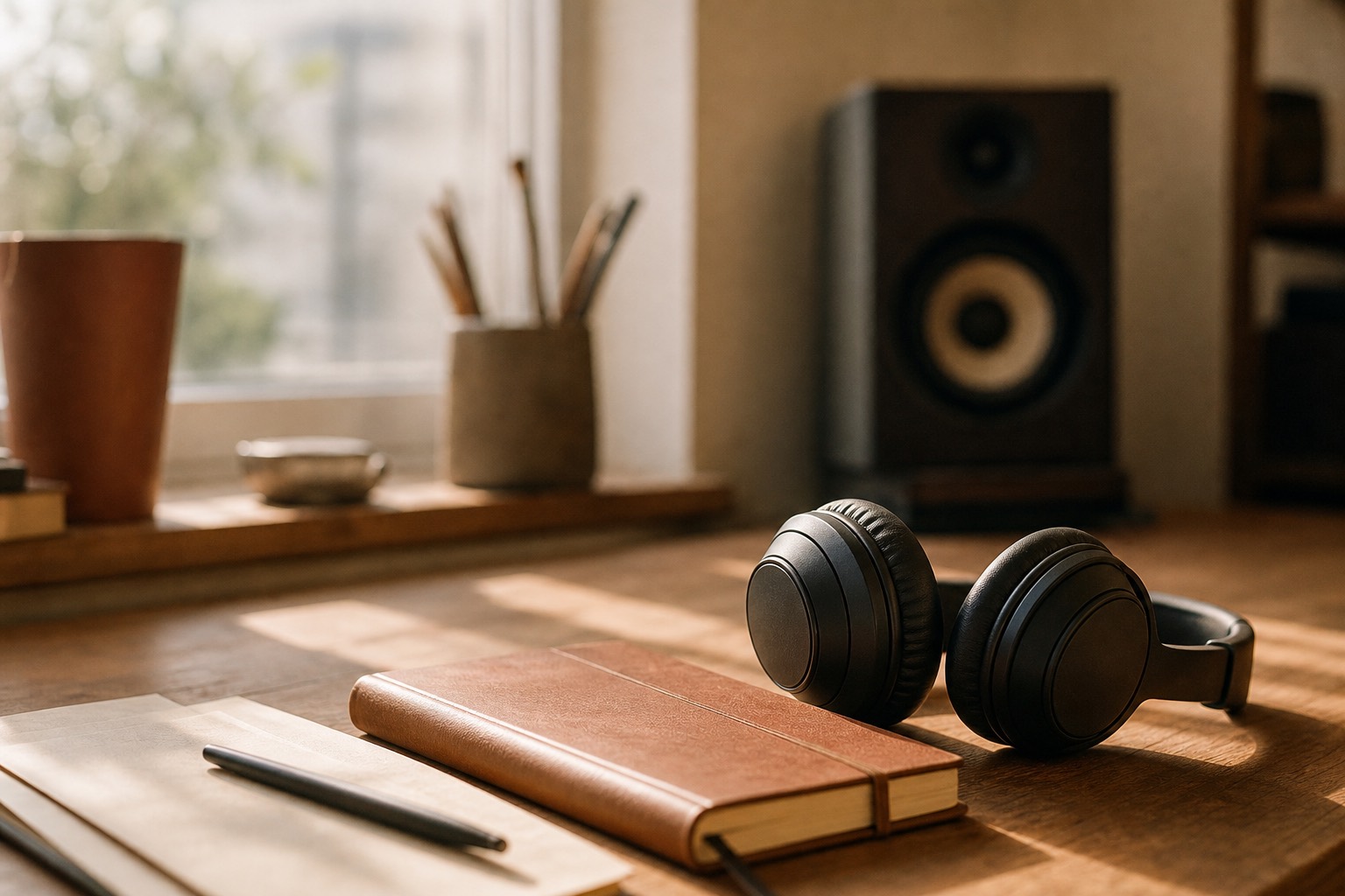 Headphones and a closed notebook on a warm desk in morning light.